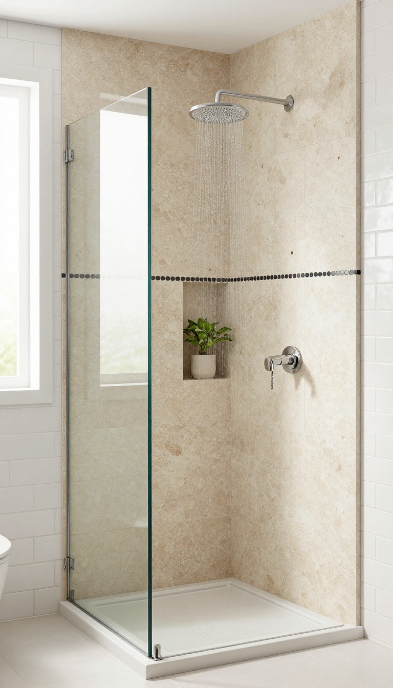 Modern bathroom shower with mixed tile materials including stone, subway, and mosaic in a cohesive palette.