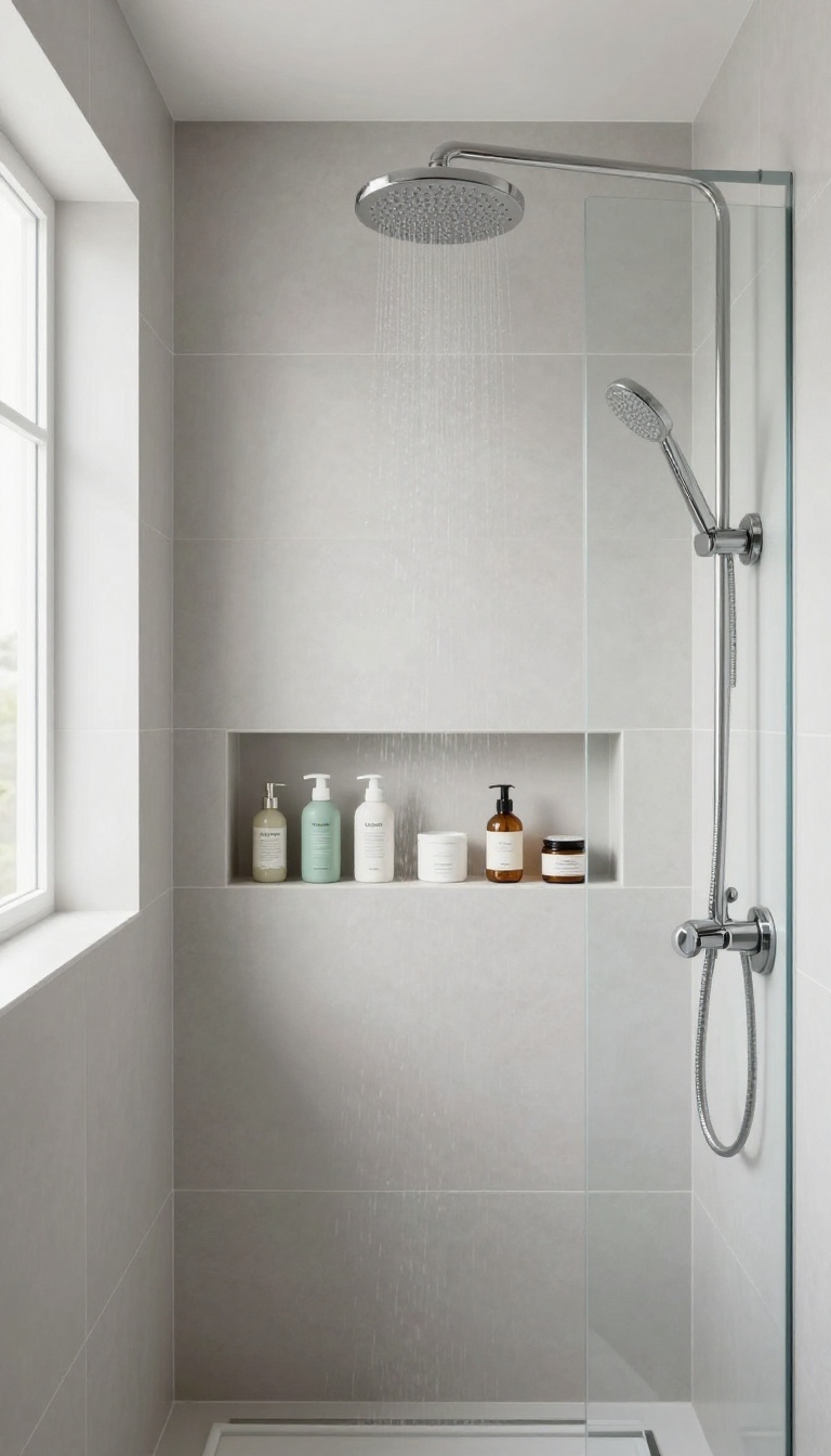 Modern bathroom shower with a half wall featuring a built-in niche for shampoo and soap, tiled in light gray porcelain, with a glass enclosure and natural light.