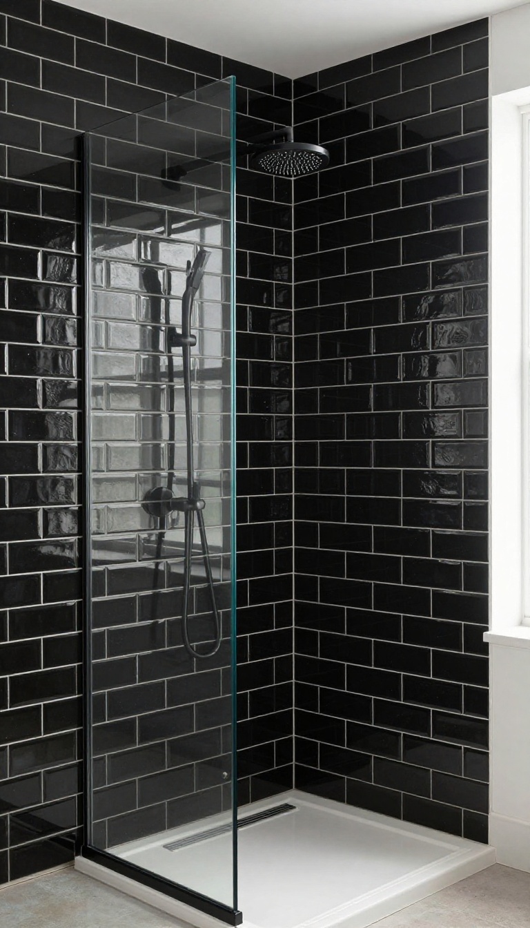 Modern bathroom shower with vertically stacked black subway tiles, white grout, matte black fixtures, and natural light
