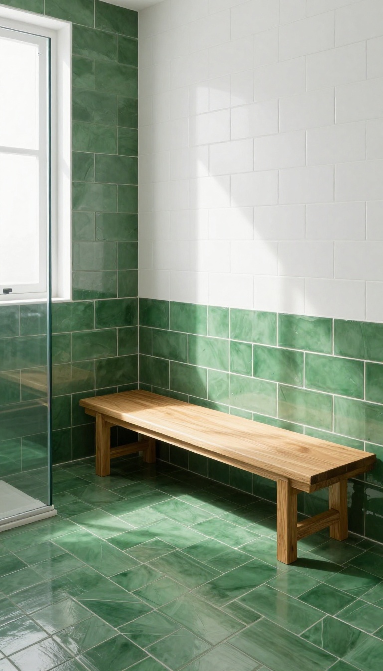 Herringbone green tile accent wall behind a wooden shower bench in a bright modern bathroom