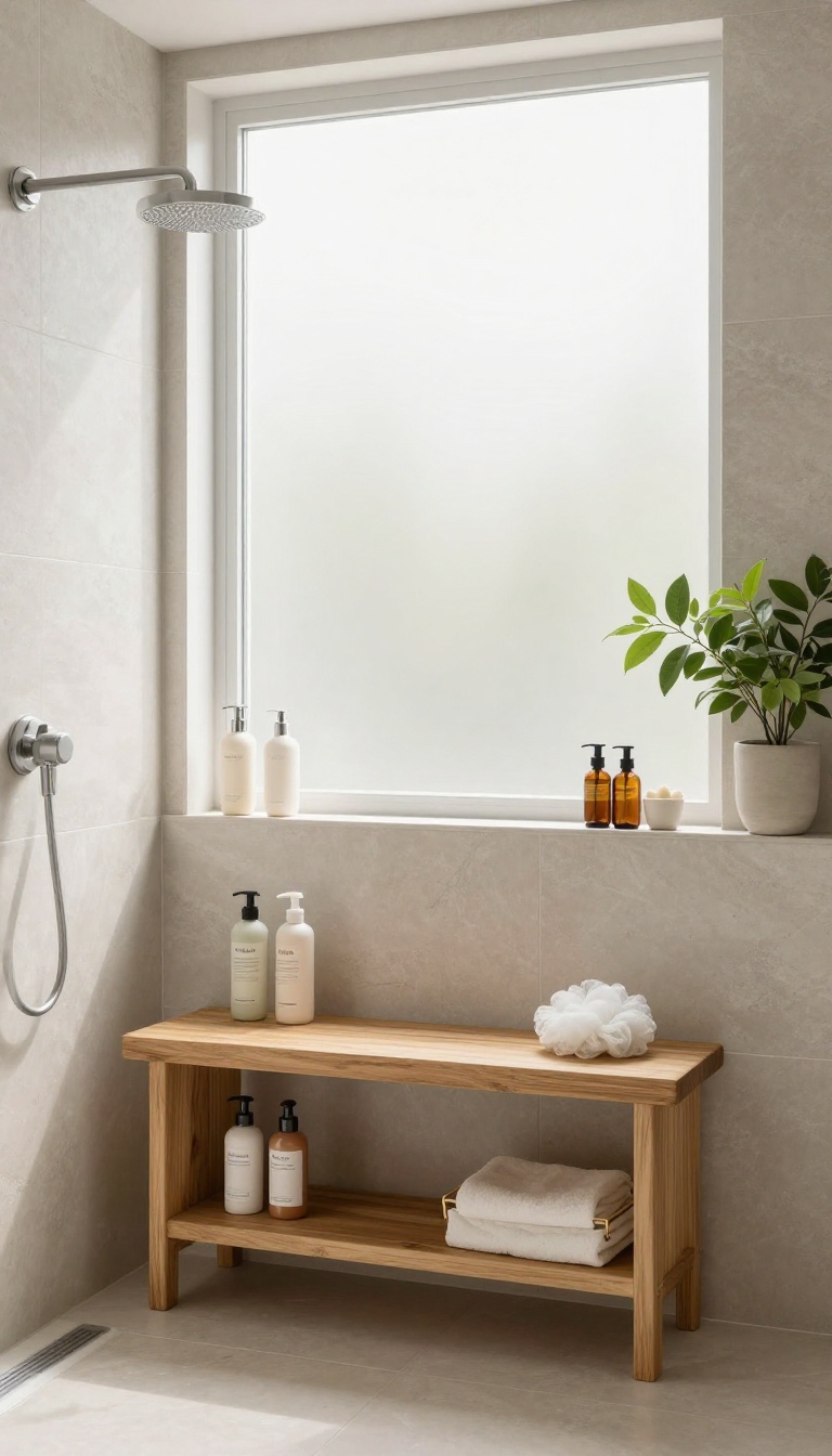 Teak wood shower caddy bench with storage shelves in a bright modern bathroom
