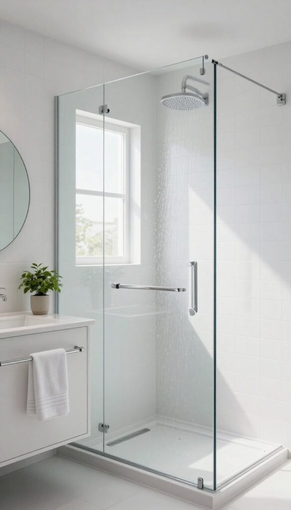 Small bathroom with clear glass shower panel instead of curtain, bright and airy