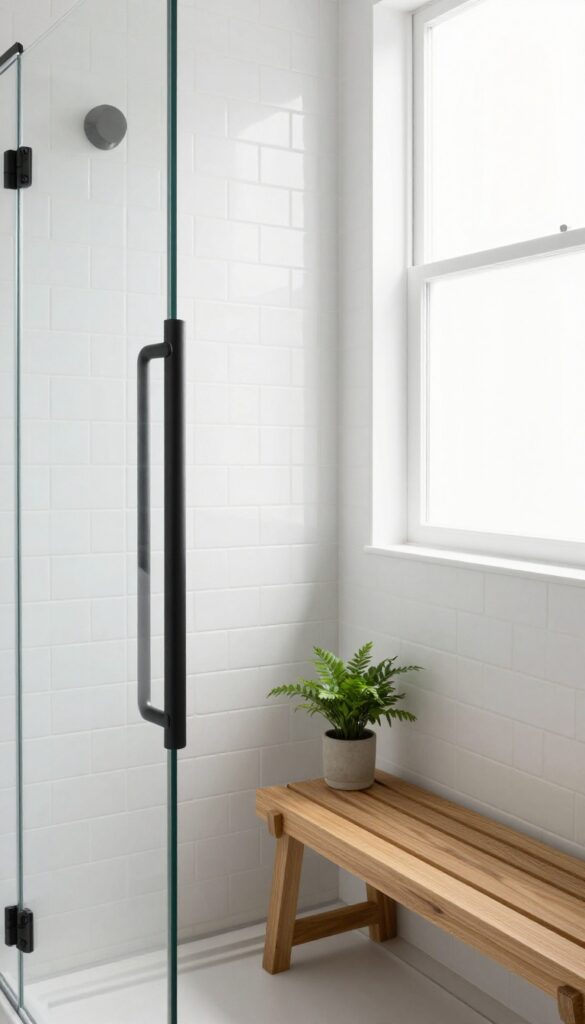 Modern bathroom with a sleek matte black grab bar that blends in with the decor inside a bright walk-in shower.