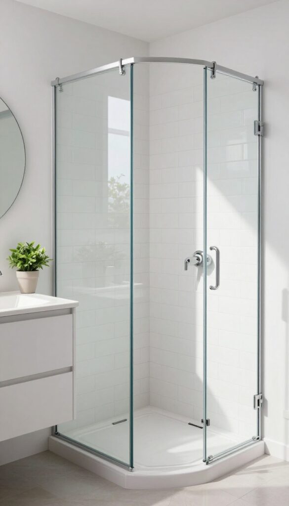 Modern corner shower with glass enclosure in a bright, compact bathroom, maximizing space with a clean, polished design.