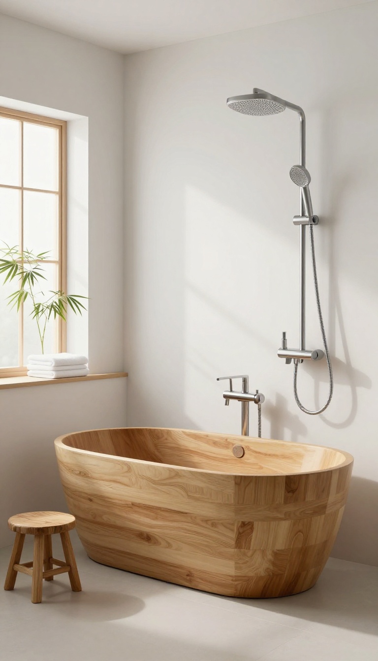 Japanese soaking tub with handheld shower in a minimalist bathroom