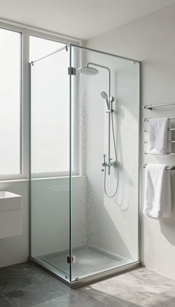 Modern bathroom with heated floor and towel warmer, featuring a walk-in shower and natural light.