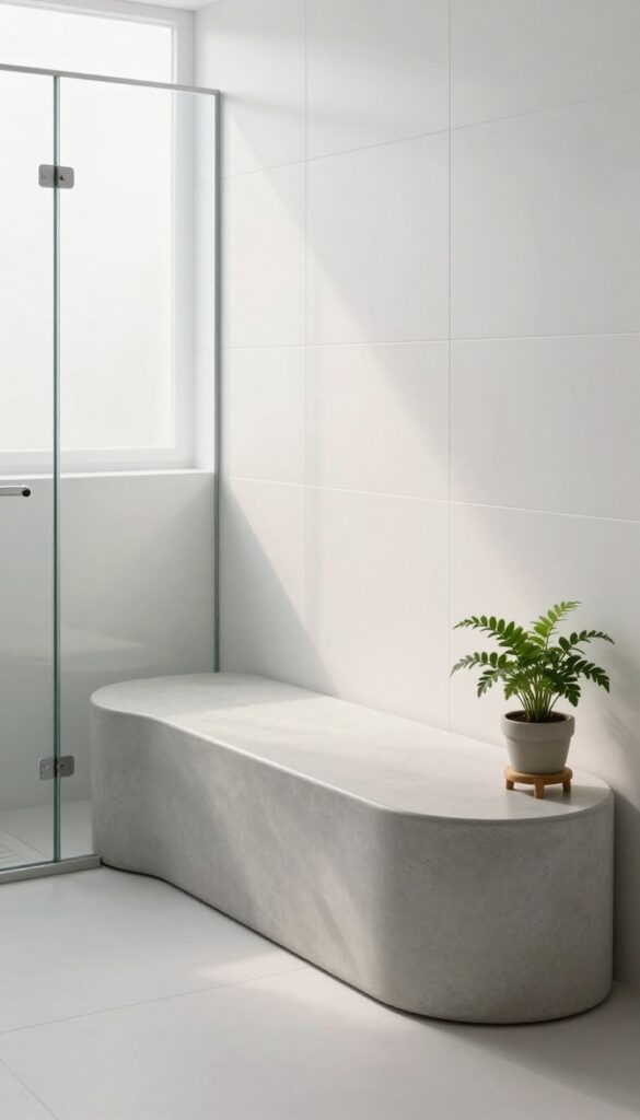 Modern bathroom with a curved concrete bench in a glass shower, illuminated by soft natural light
