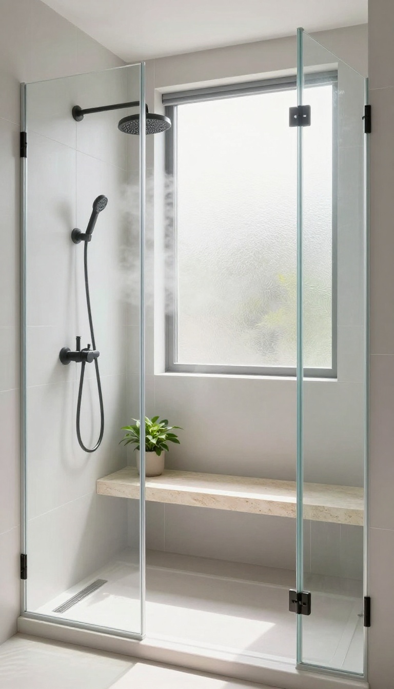 Modern walk-in shower with a built-in stone bench, natural light, and spa-like ambiance