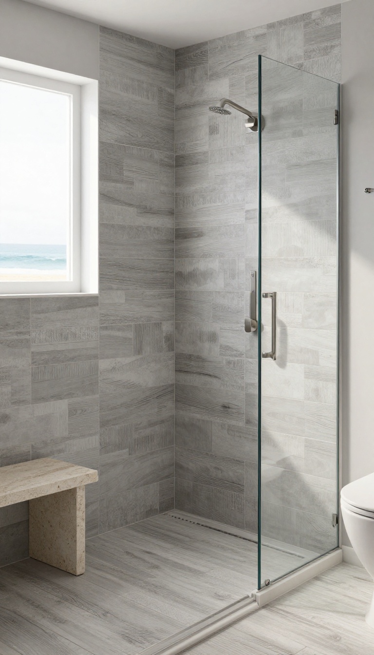 Coastal shower with weathered wood-look porcelain tiles in driftwood gray, matte finish, staggered plank layout, bright natural light, minimalist design