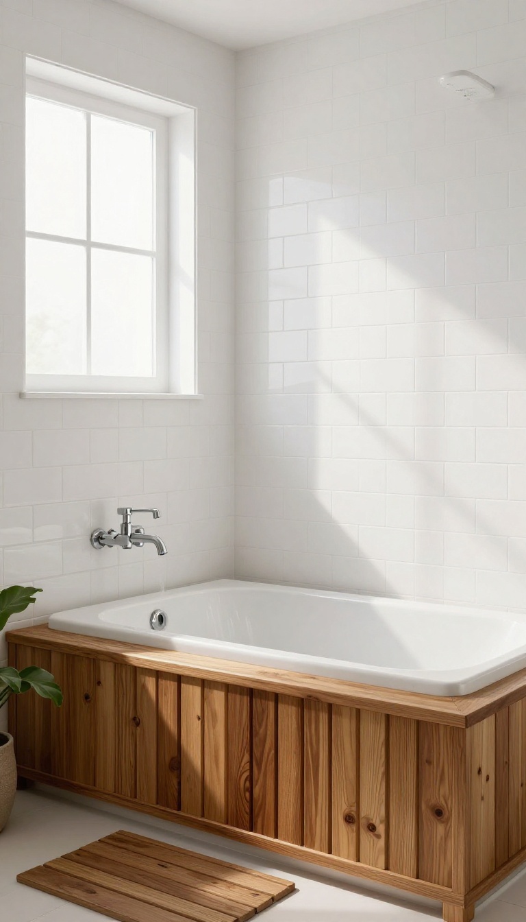A teak bench in a shower-over-bath area adds warmth and a spa-like feel.