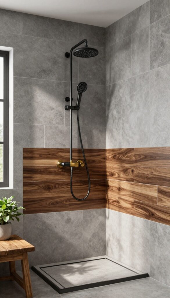 Warm grey shower tiles with a wood-look accent stripe, featuring matte black fixtures and natural light