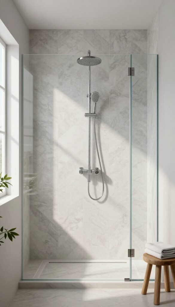 Modern bathroom shower with herringbone tile surround in neutral tones, natural light, and a wooden stool with towel and plant
