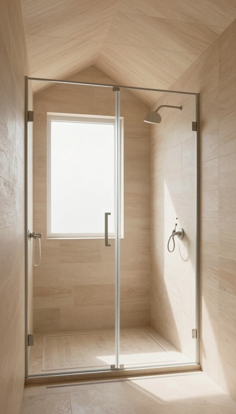 Walk-in shower with wood-look tile covering the ceiling and walls, creating a cozy, spa-like enclosure.