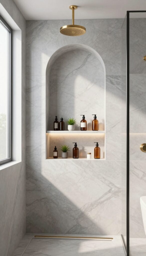 Custom arched shower niche with warm lighting and toiletries in a modern bathroom