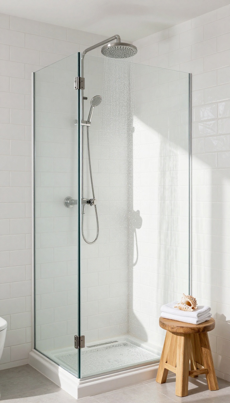Coastal bathroom shower with beveled white subway tiles and natural light
