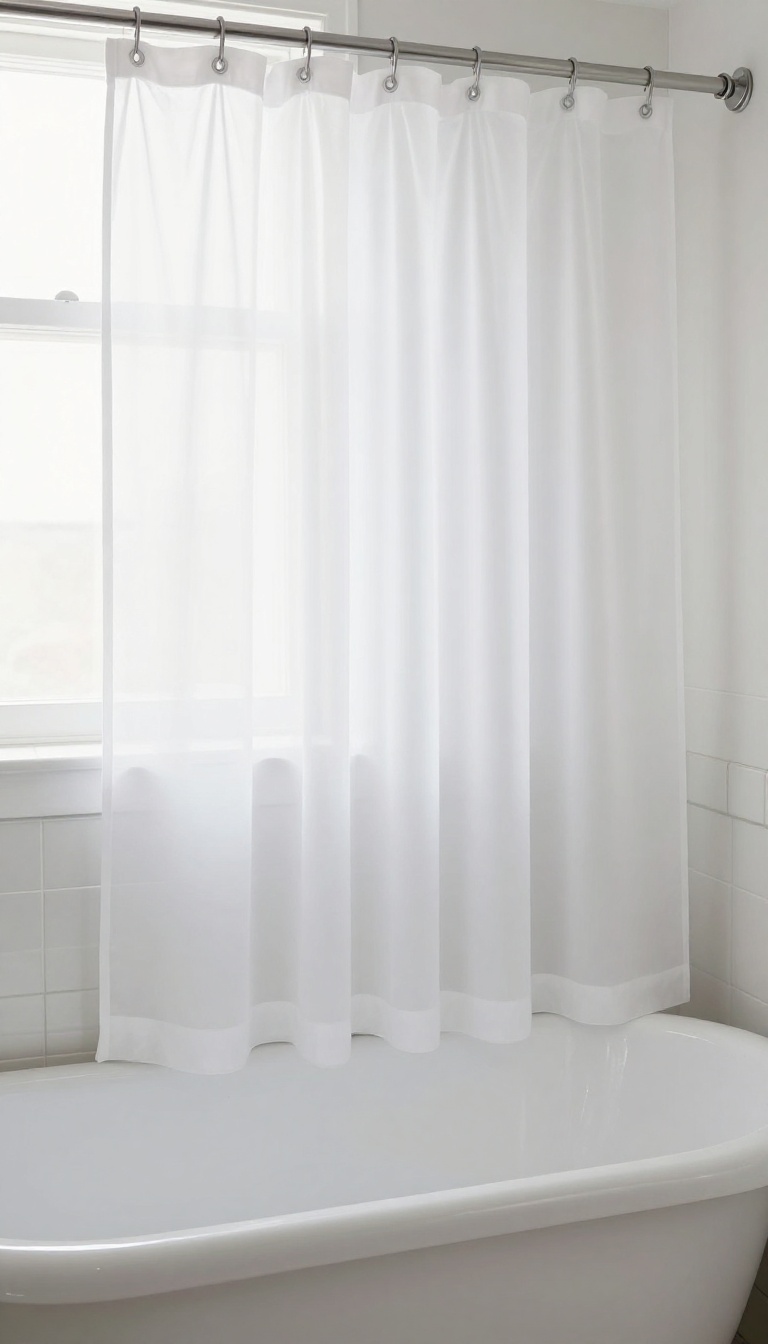 Clawfoot tub with long white shower curtain secured by a tension rod inside the tub