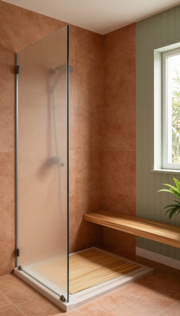 Enclosed shower with earthy terracotta and sage tones, teak bench, and natural light