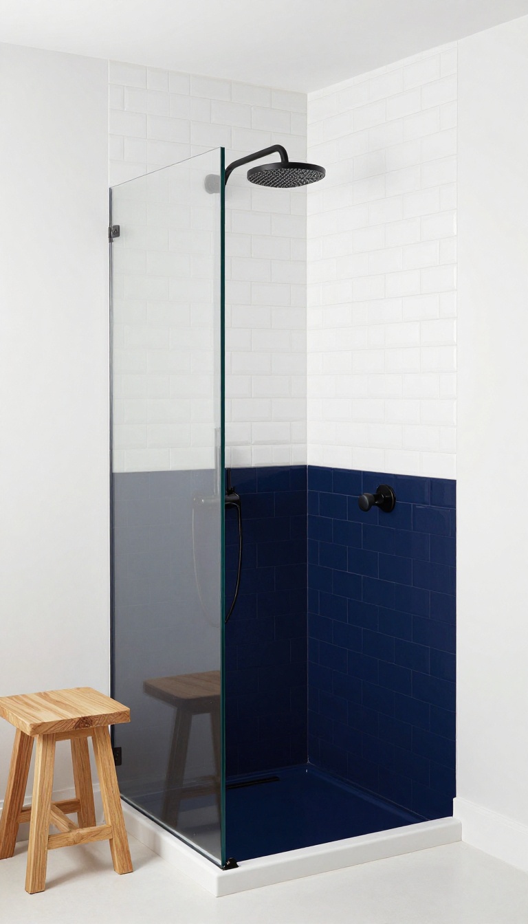 Modern bathroom shower with a navy blue painted half wall and white subway tile, creating a bold contrast in a bright, clean space.