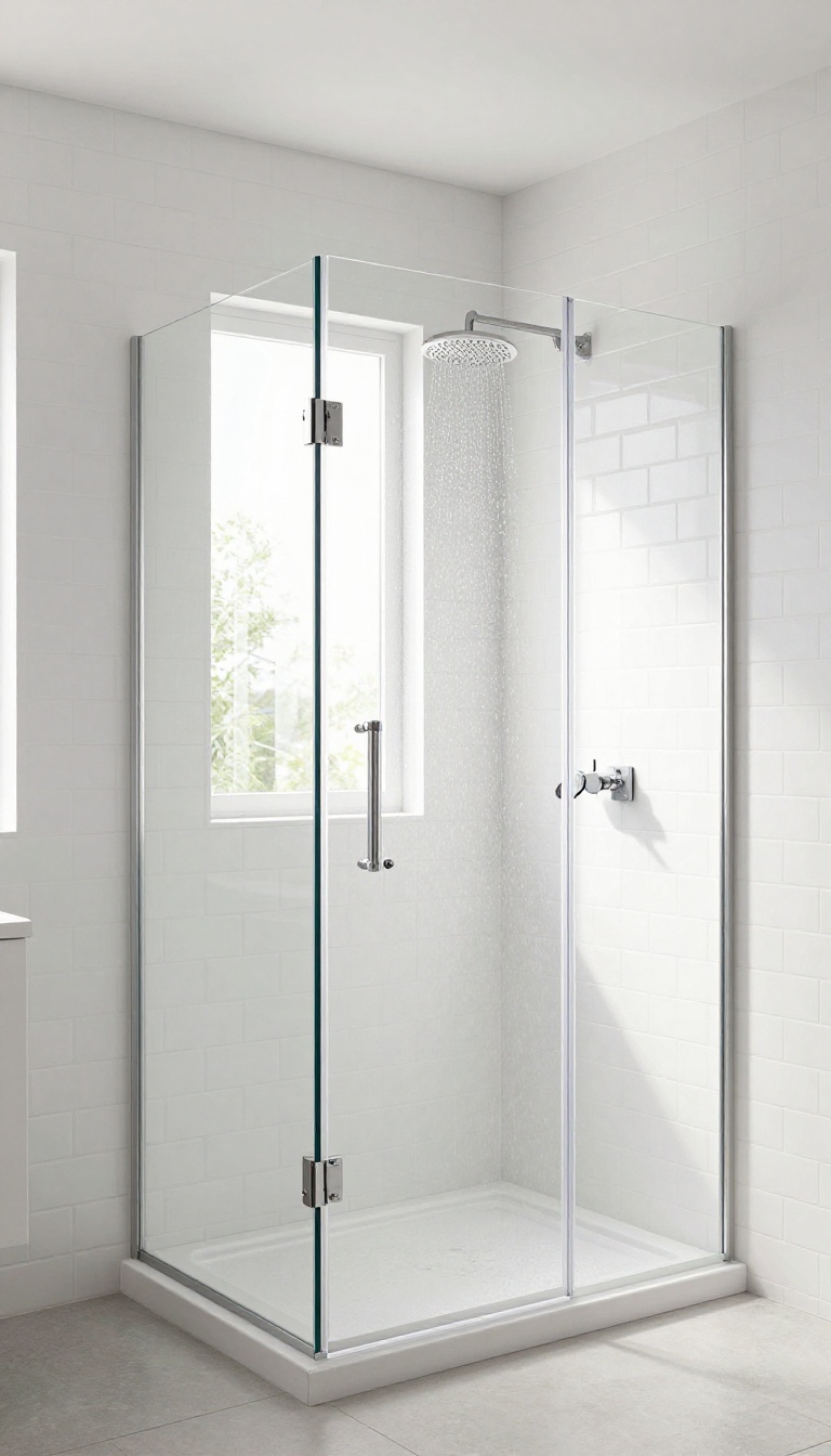 Frameless glass shower door in a bright, modern bathroom