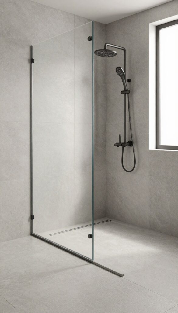 Modern shower with integrated channel drain and large-format tile floor