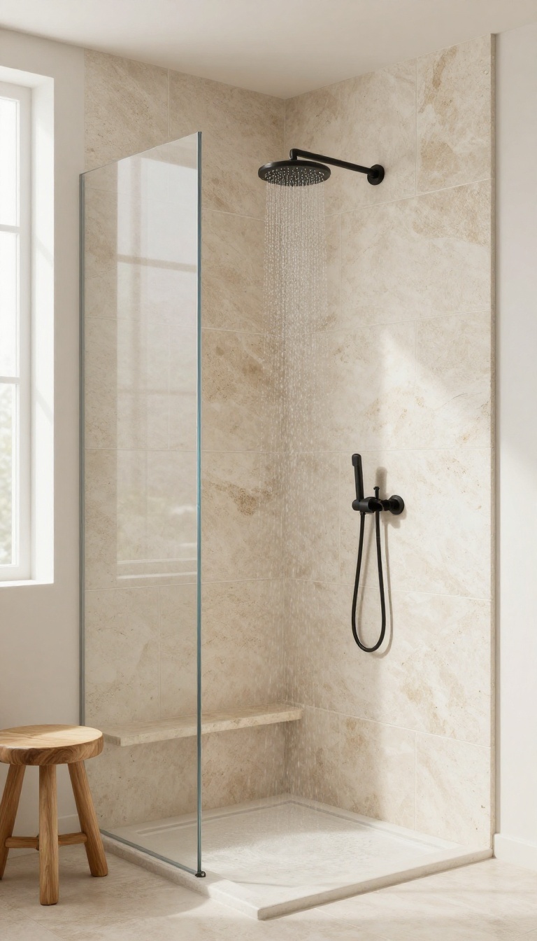 Walk-in shower with floor-to-ceiling light stone tile, teak stool, and matte black rainfall showerhead