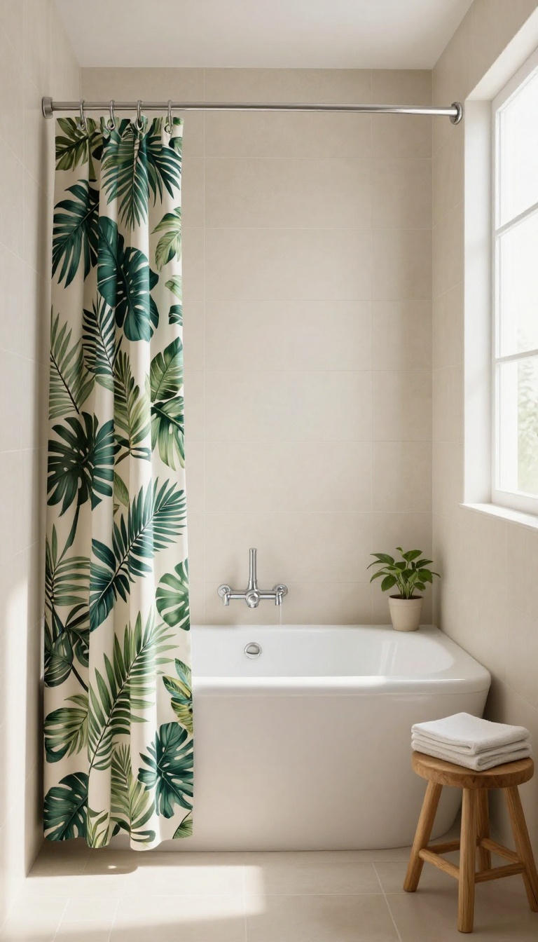 Bathroom with patterned tropical leaf shower curtain over a bathtub, natural light, neutral tiles, wooden stool with towels.