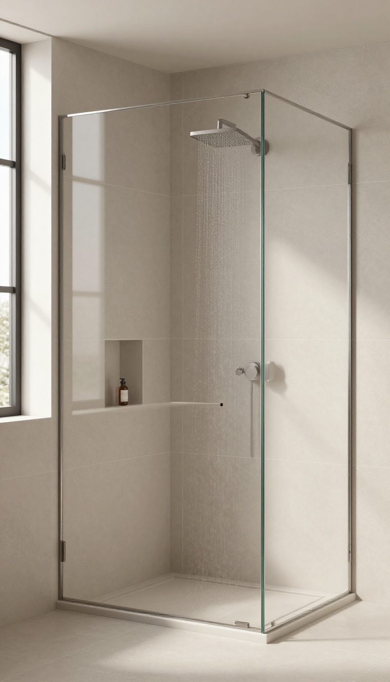 Modern stand-up shower with large-format tiles and minimal grout lines