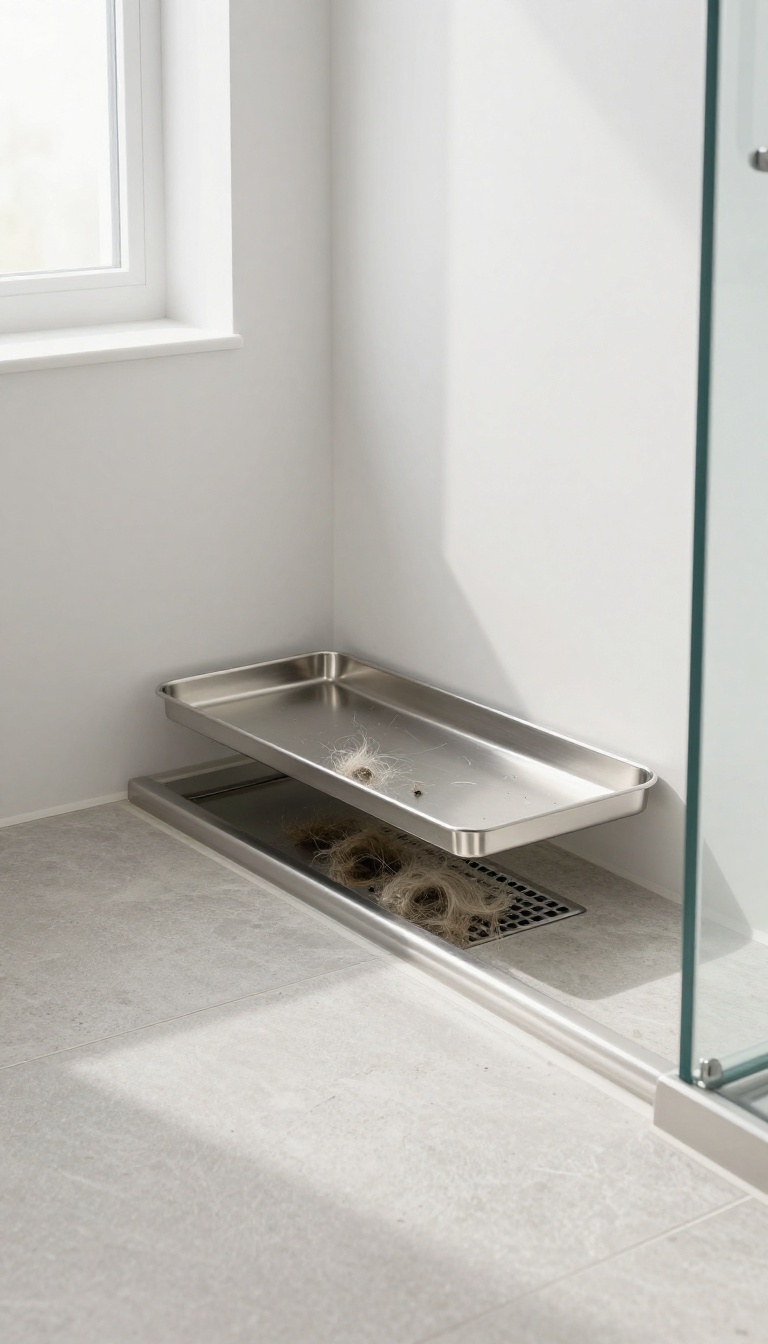 A hand lifting a removable tray from a sleek linear shower drain in a modern bathroom, showing collected debris for easy cleaning.