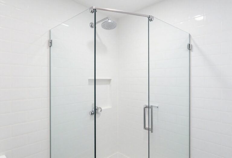 Modern corner shower in a small bathroom with glass enclosure and subway tile