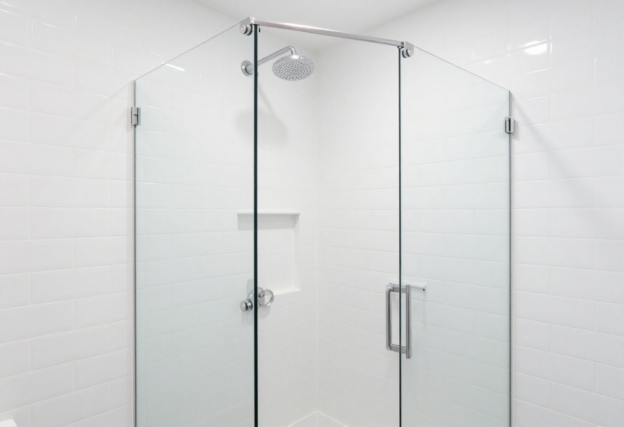 Modern corner shower in a small bathroom with glass enclosure and subway tile