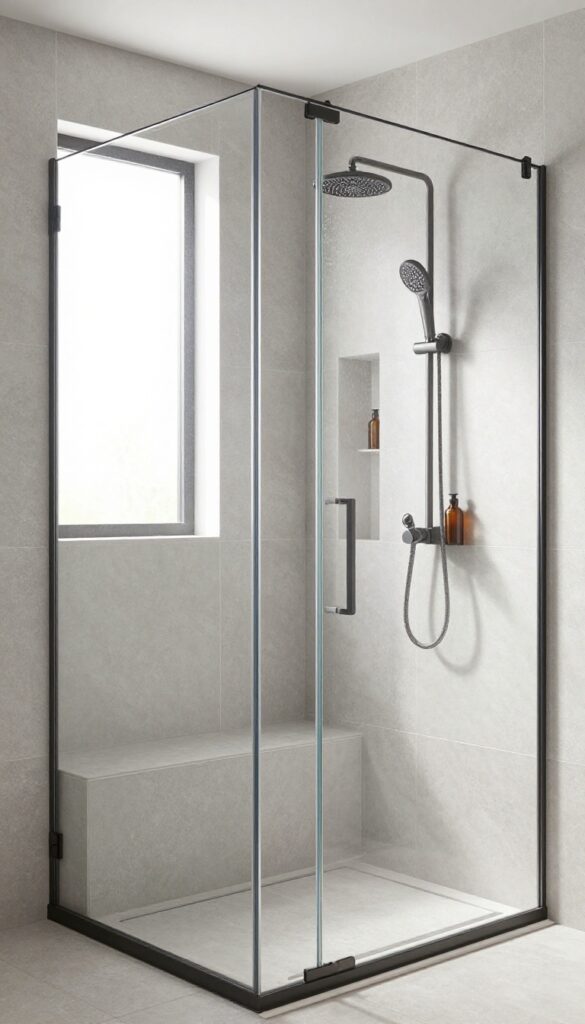 Neo-angle shower with a built-in corner seat tiled seamlessly with the walls, featuring a glass enclosure and a recessed niche.