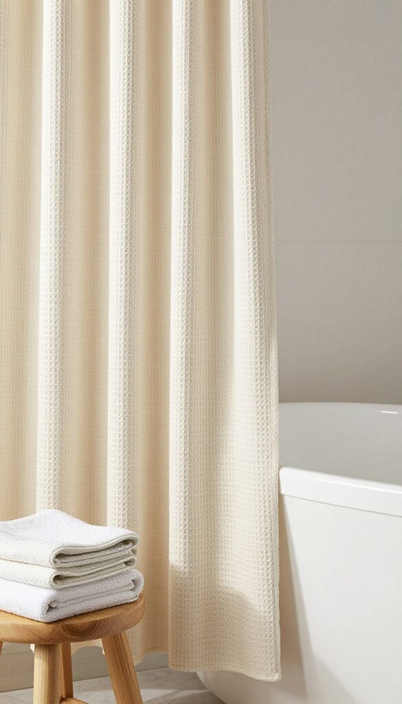 A bright bathroom featuring a cream waffle weave shower curtain, adding texture and warmth to the space.