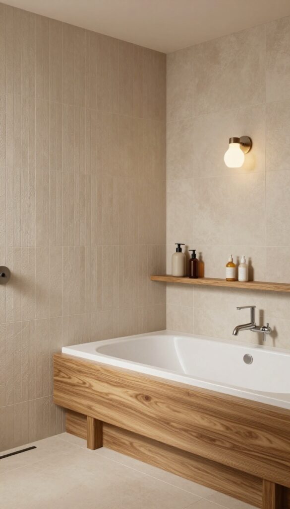 Neutral earth tone bathroom with textured tile and wood accents