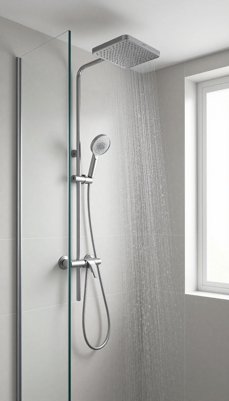 Modern master bathroom shower with a ceiling rain shower head and a handheld sprayer on a slide bar, clean and spa-like design.