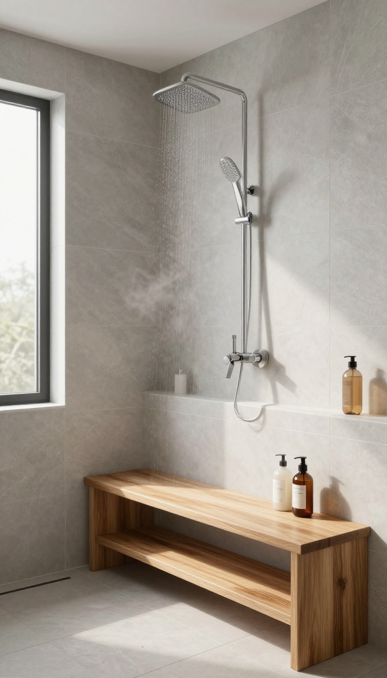 Master bathroom shower with a built-in tiled bench topped with teak wood, natural light, stone tiles, and a rainfall showerhead.