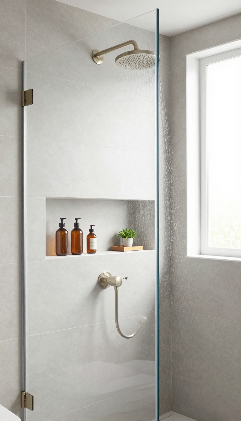 A modern master shower with a built-in tile niche holding amber glass bottles and a plant, illuminated by natural light.