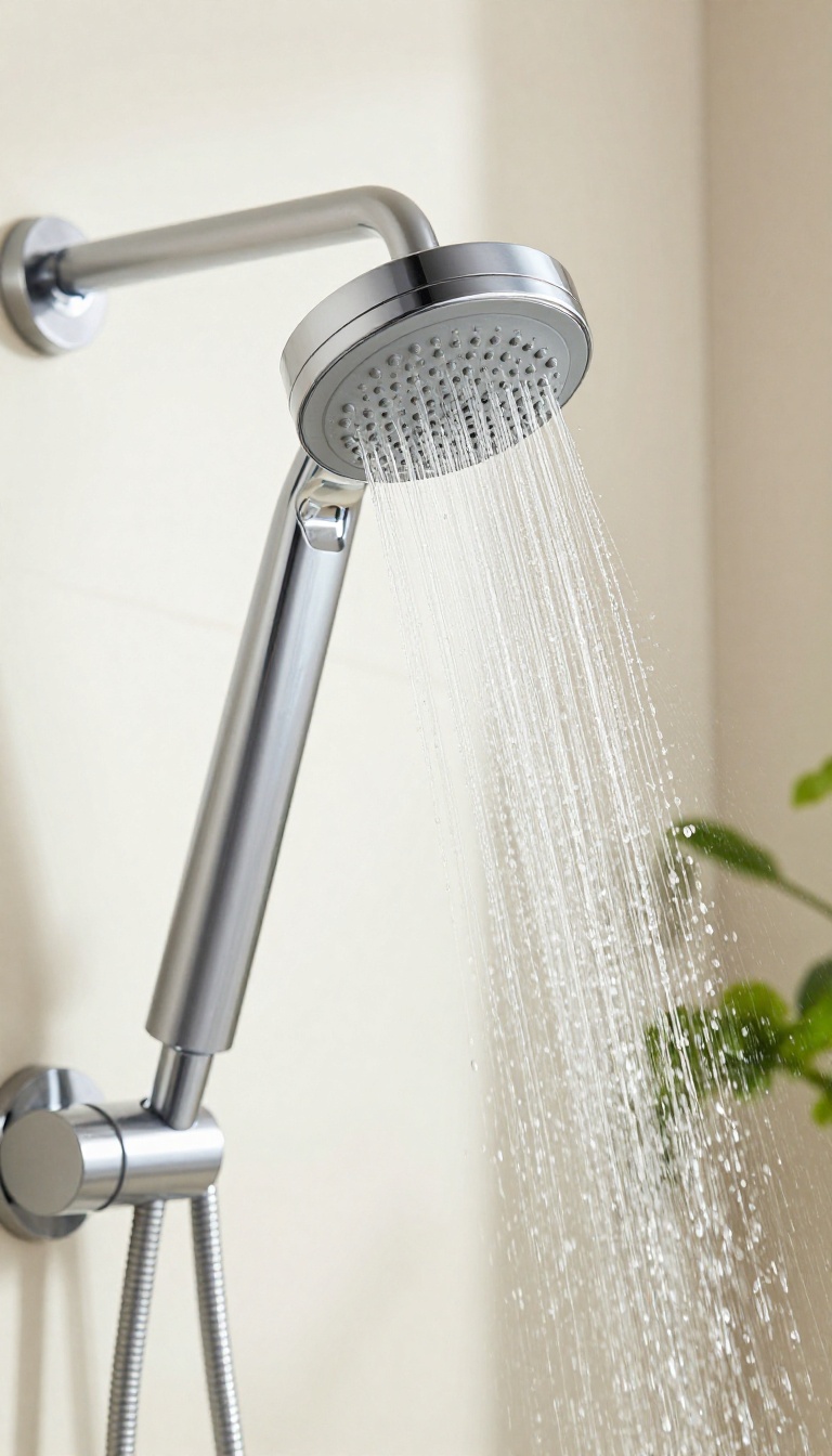 Modern filtered shower head with clear water flowing, in a bright spa-like bathroom