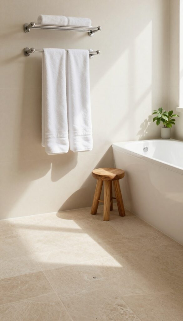Modern bathroom with a bathtub-shower combo, heated towel rack with white towels, and radiant heated stone floor in warm natural light