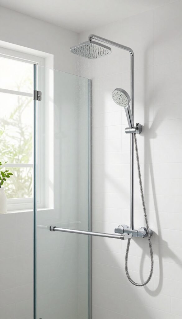 Modern bathroom with a handheld showerhead on a slide bar, showcasing flexibility and style.