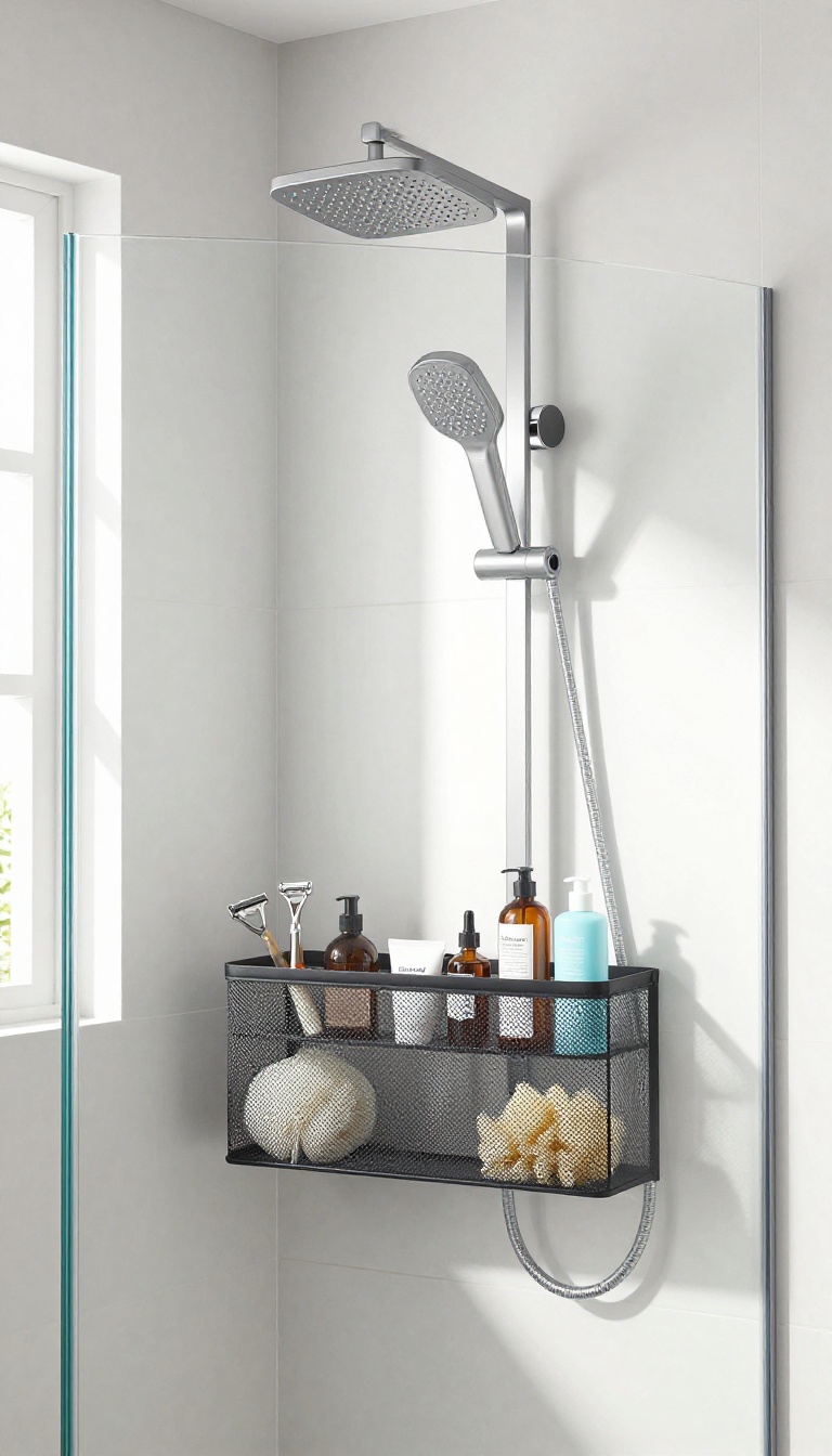 Over-the-door hanging organizer in a modern shower holding loofah, razor, and small bottles