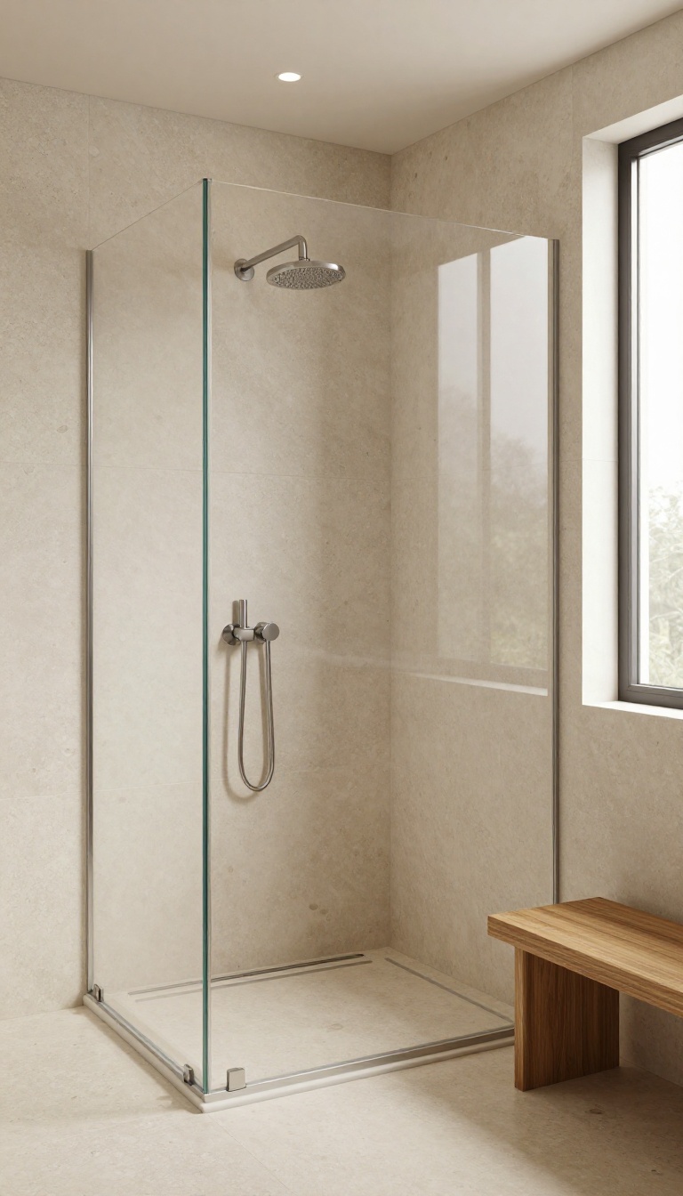 Modern bathroom shower with honed travertine tiles, glass enclosure, brushed nickel fixtures, and a teak bench, illuminated by natural light.