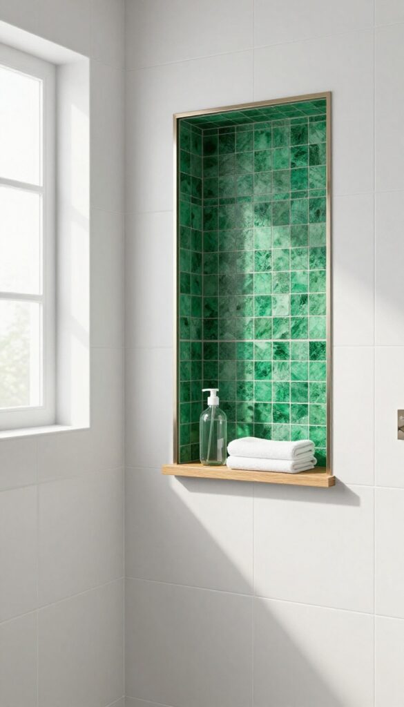Modern walk-in shower with white tiles and an emerald green mosaic accent niche