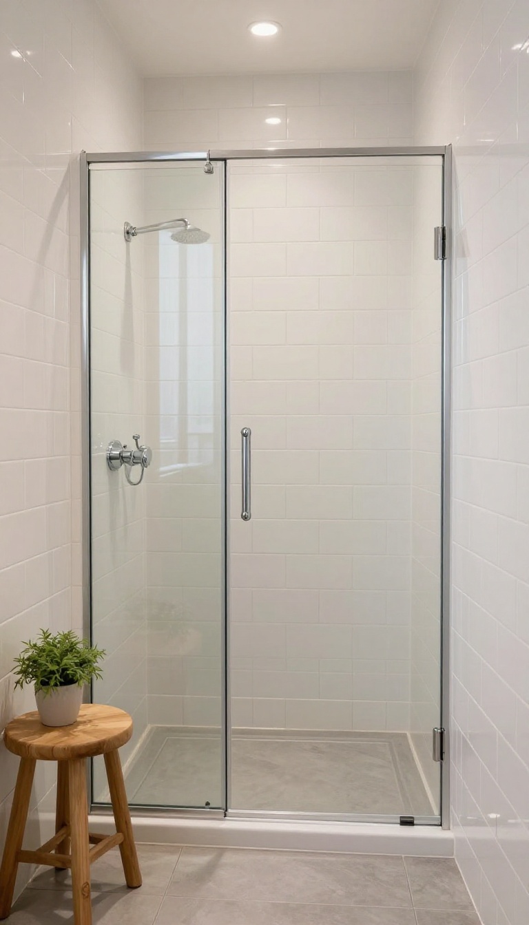 Small walk-in shower with white subway tile, matte gray floor, and light neutral palette, featuring a wooden stool and a plant.
