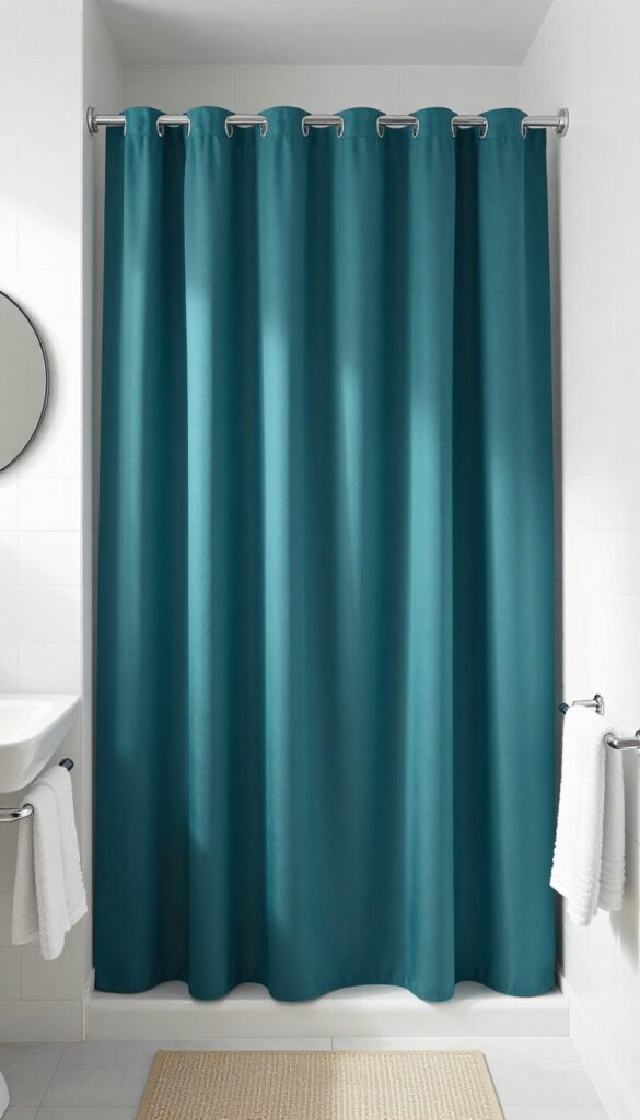 Small bathroom with a deep teal shower curtain, white tiles, and neutral accents