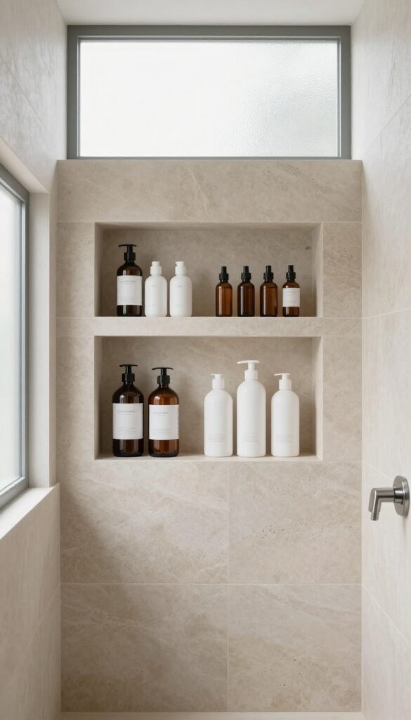 Modern shower with a double-decker recessed shelf holding toiletries