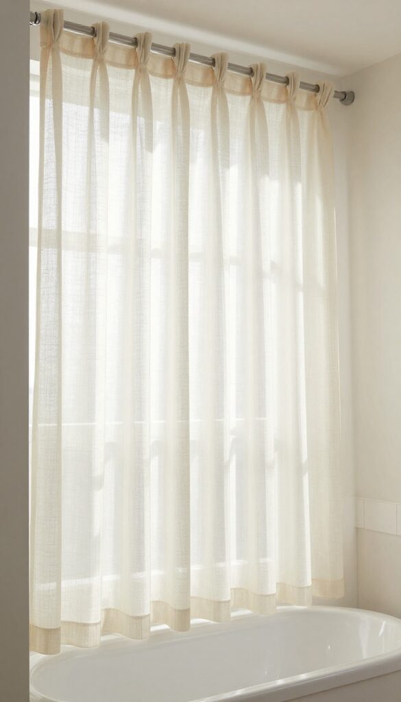 A bathroom with a double shower curtain featuring a decorative valance on top, adding a layered and polished look.