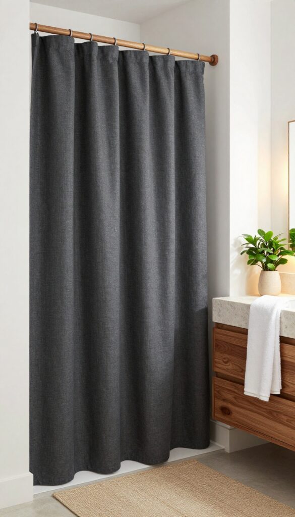 Rustic bathroom with a dark charcoal shower curtain, warm wood accents, and green plants, creating a moody yet cozy atmosphere.
