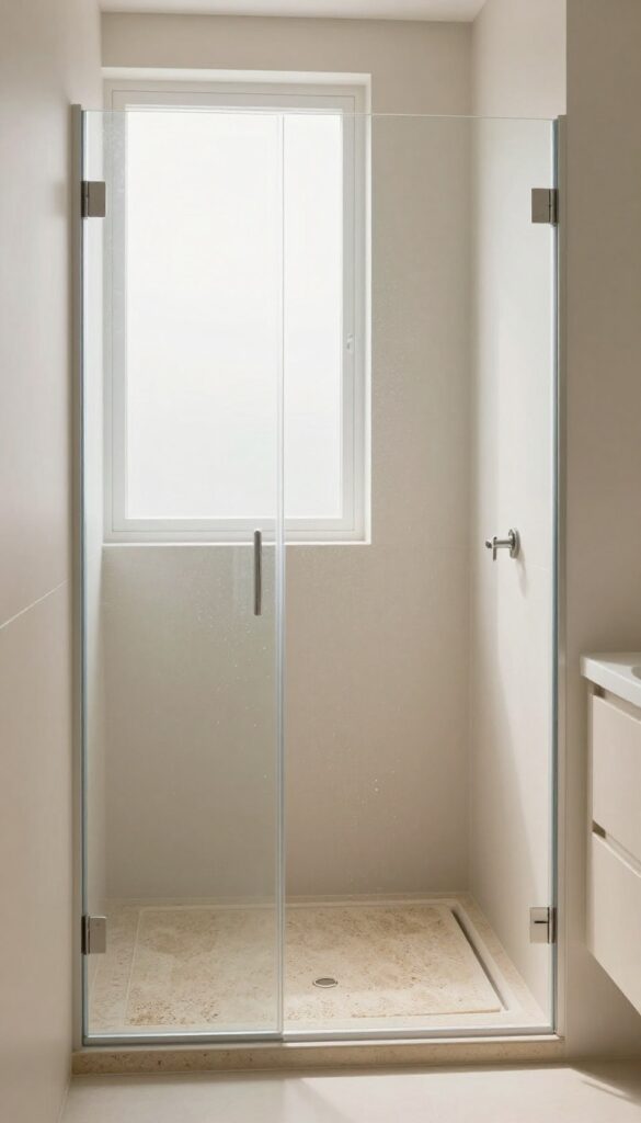Non-slip textured stone flooring in a walk-in shower, emphasizing safety and traction in a bright, clean bathroom.