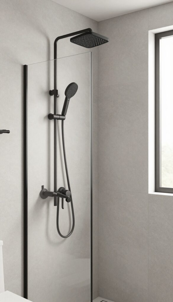 Modern walk-in shower with light gray tiles and matte black fixtures