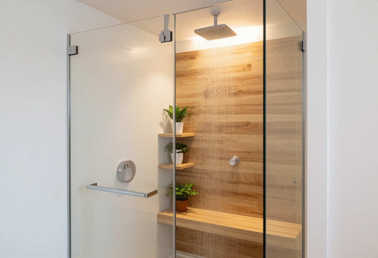 Modern enclosed shower with glass, wood accents, and plants